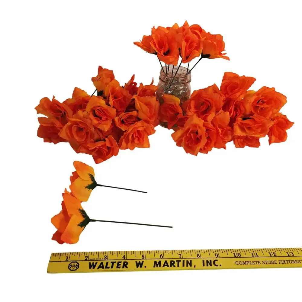 Orange Silk Artificial Rose Flowers Wired Stems Wedding Craft 2.5